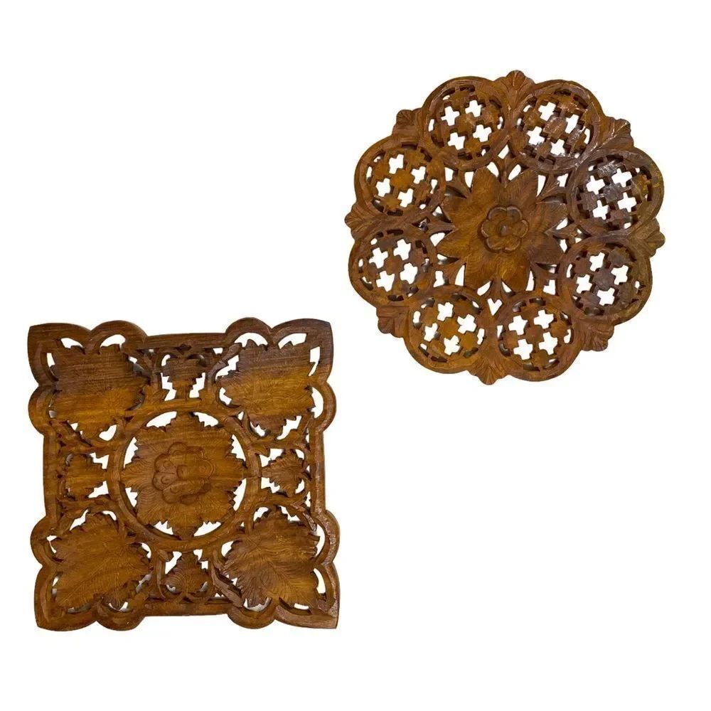 Two Vintage Carved Dark Wooden Decorative Rustic Square and Round Wall Decor